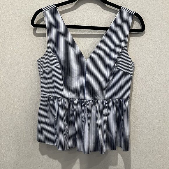 J. Crew Women's 2 Sleeveless Peplum Poplin Striped Top Blue White Double V Neck - Picture 3 of 8